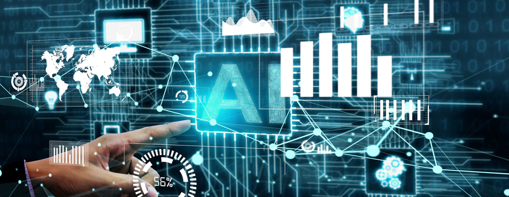 Imagem azul com gráficos genéricos e ilustrativos ao redor da sigla "AI" mostrando big data e machine learning