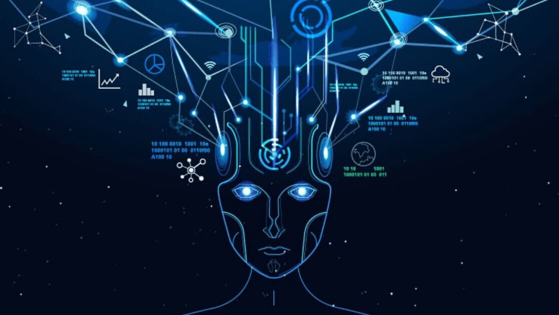 Ilustração de robô, com diversas linhas tecnológicas saindo de sua cabeça, indicando skills necessárias e o que estuda um cientista de dados.