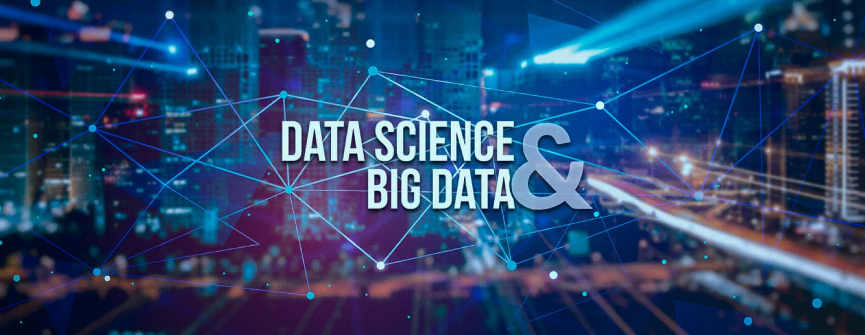 Imagem de cidade borrada ao fundo, com linhas azuis e o texto "Data Science e Big Data" em primeiro plano.