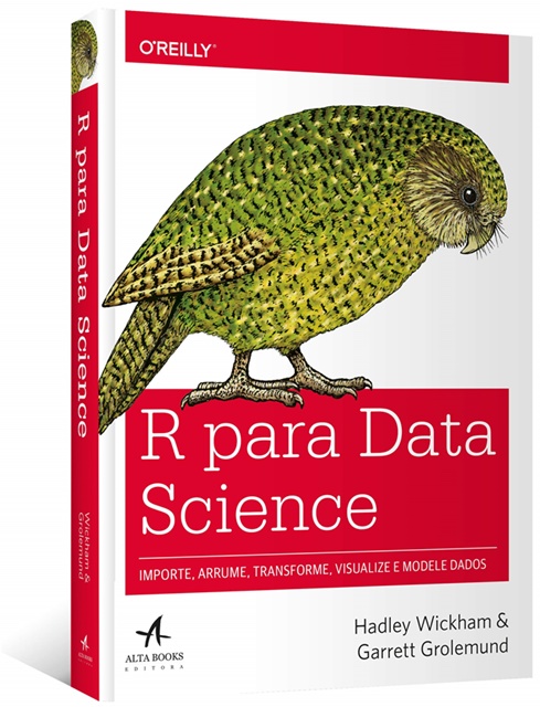 Capa do livro de linguagem R “R for Data Science”, que tem um pássaro amarelo.