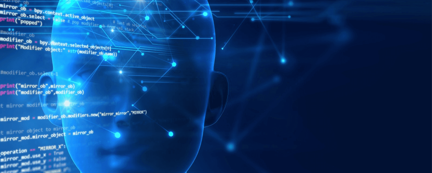 Um modelo de rosto humano azul se sobressalta por trás de várias linhas de código de programação, sugerindo a criação de um robô de Inteligência Artificial, data science machine learning.