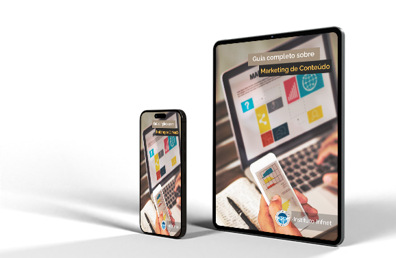 imagem de iphone e tablet com guia de marketing de conteudo na tela