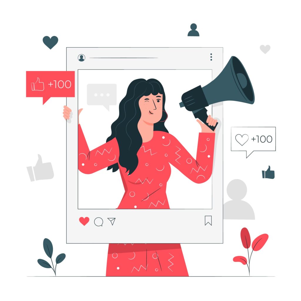 ilustração de mulher segurando megafone dentro de um post de criador de conteúdo no Instagram