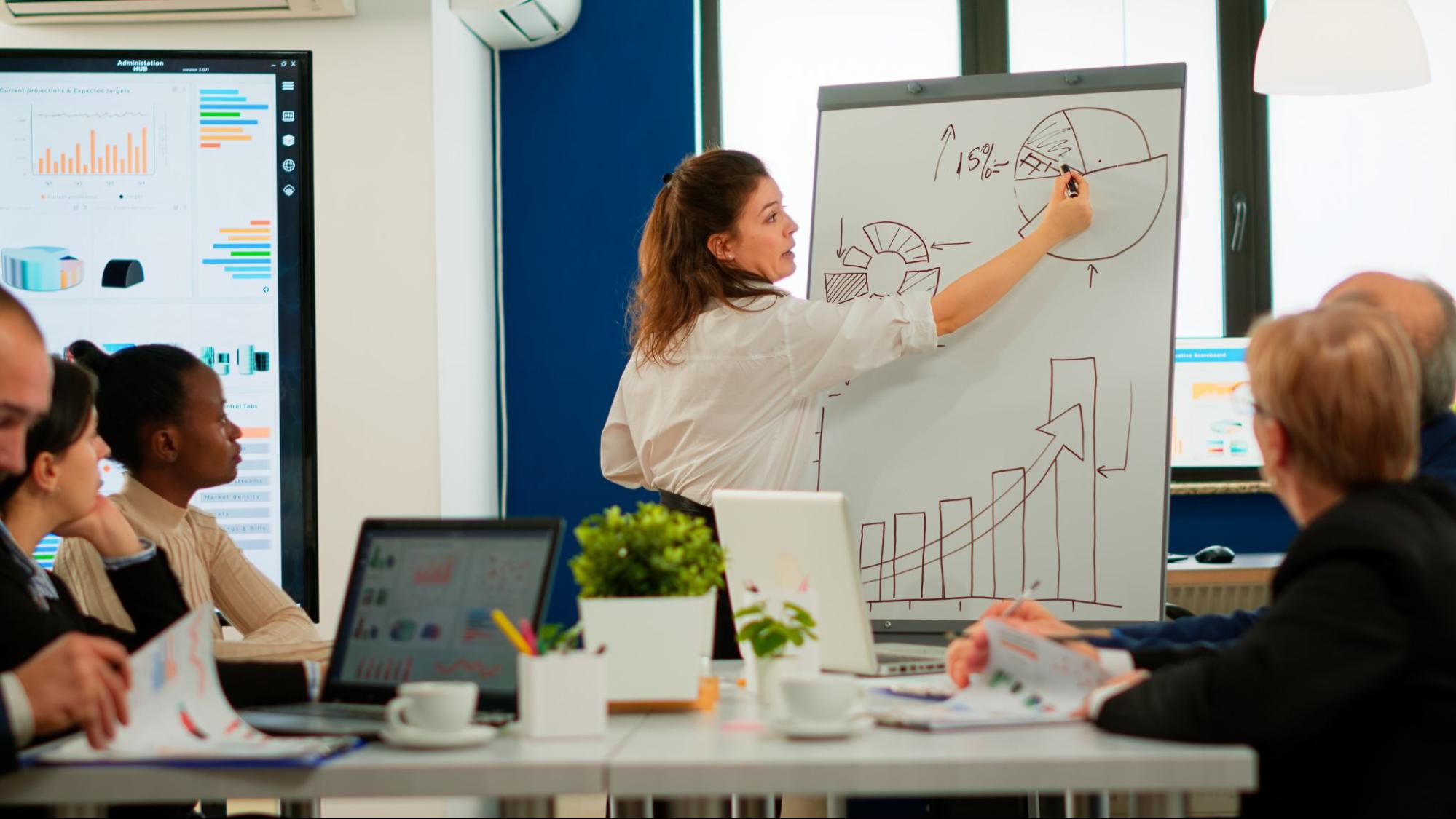 Mulher escreve em quadro branco durante apresentação de marketing feita a um grupo de pessoas reunidas em uma sala.