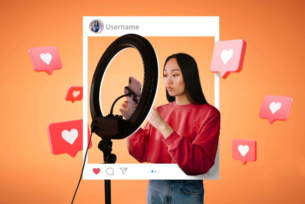 mulher usando celular e ring light dentro de um quadrado de post do instagram ensinando como crescer no instagram
