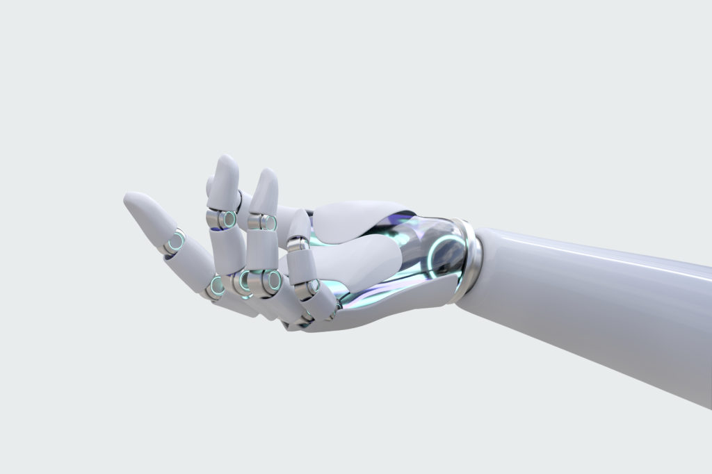 Mão robótica vista do lado esquerdo com meia palma aberta, fazendo um gesto tecnolífico