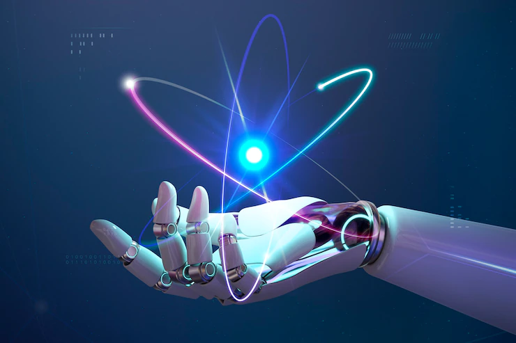 Mão robótica segurando uma forma de átomo