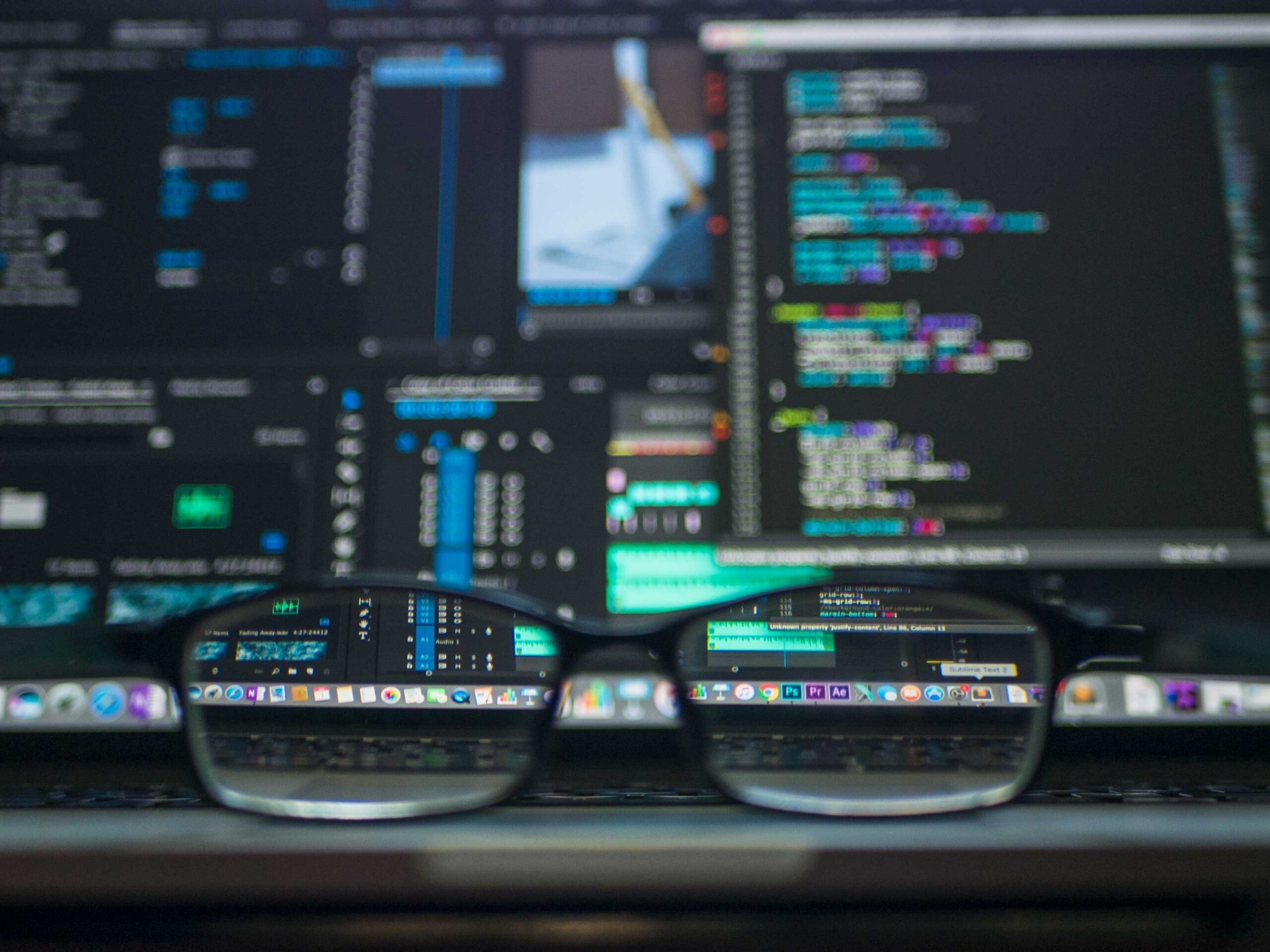 Imagem de um óculos em frente a um monitor de PC