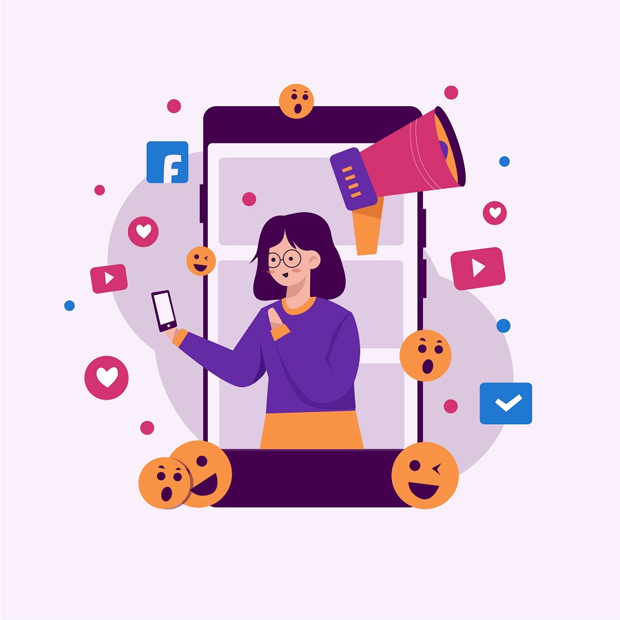 Ilustração de uma mulher usando o smartphone cercada por emojis e logos de redes sociais