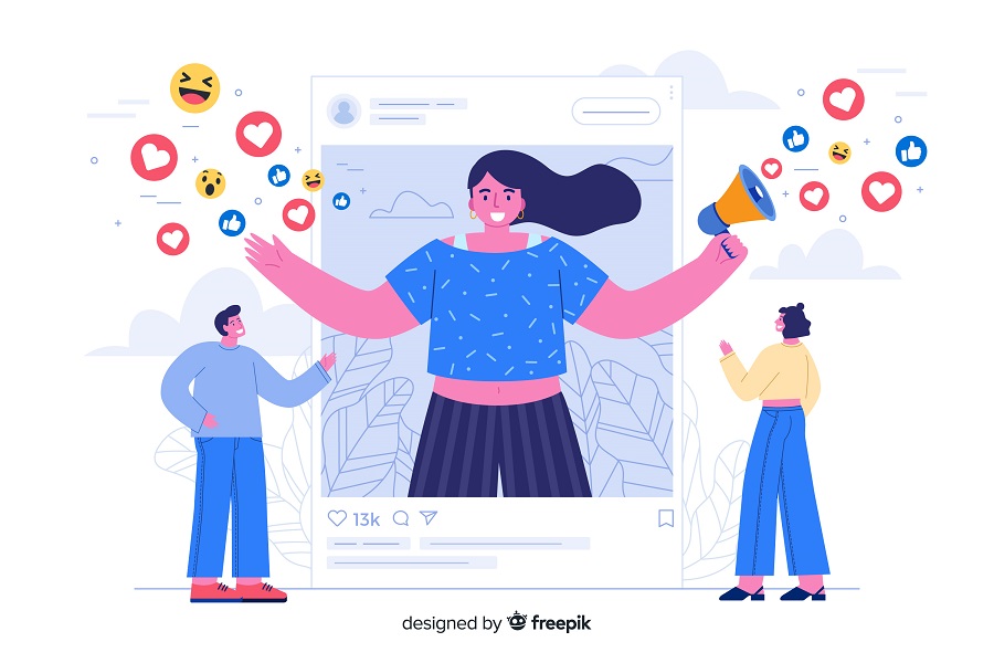 Ilustração vetorial de um post em rede social com uma mulher segurando um megafone ao centro e dois usuários nas duas extremidades reagindo à postagem representando o que é Marketing de Influência