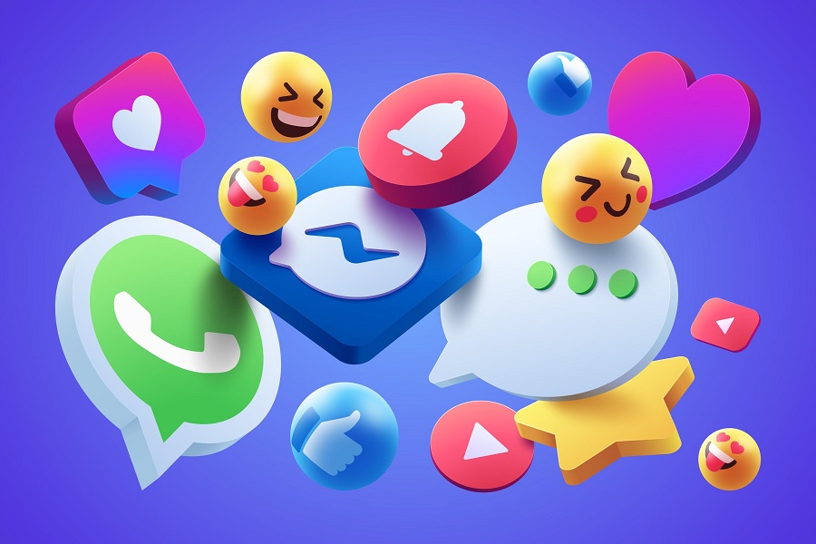 Ícones de redes sociais e emojis em 3D