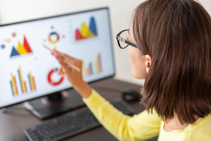 Mulher caucasiana de analítica de negócios financeiros com gráficos de painel de dados.