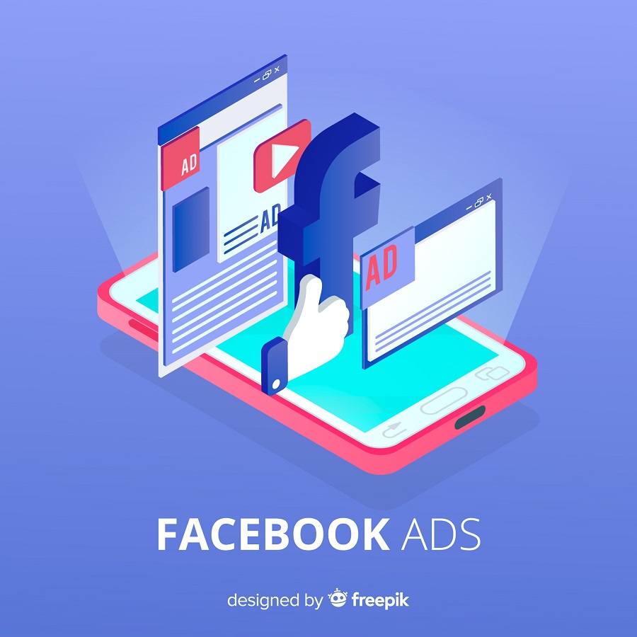 Celular projeta ícones do Facebook Ads. Imagem vetorizada.