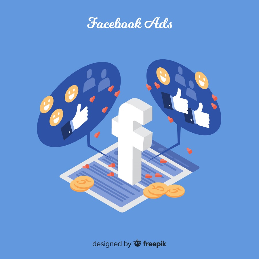 Ícone vetorizado do Facebook com outros ícones indicando a plataforma de anúncios Facebook Ads.
