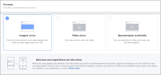 Página do Facebook para que o formato do anúncio seja definido.