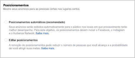 Página do Facebook para que o posicionamento do anúncio seja definido.