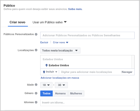 Página do Facebook para que o público do anúncio seja definido.