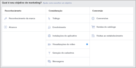 Página do Facebook para que o objetivo do anúncio seja escolhido.