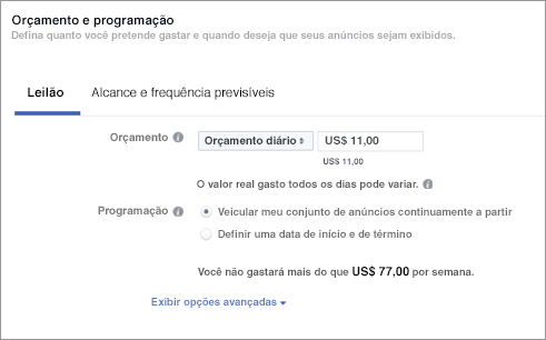 Página do Facebook para que o orçamento do anúncio seja definido.