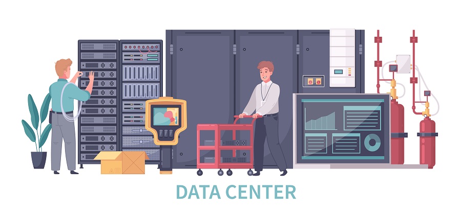 ilustração de um homem trabalhando em um data center