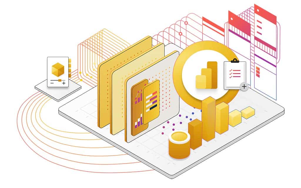 Ilustração colorida com gráficos e ícones amarelos da ferramenta Power BI da Microsoft.