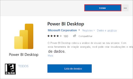 Página de download do Power BI Desktop na Microsoft Store com botão de instalação destacado.