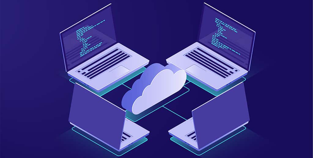 Quatro laptops conectados em nuvem em um fundo roxo, ilustrando os benefícios da integração do Azure com o Power BI.