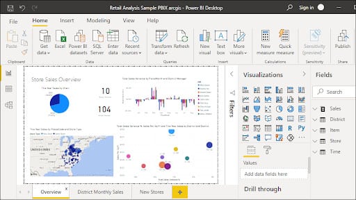 Tela do Power BI Desktop mostrando como criar um dashboard no Power BI com gráficos e mapas interativos.