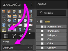 Configuração de filtro de data no Power BI com segmentação visual e seleção de campos.
