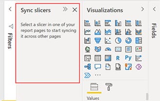Opção para sincronizar filtros Power BI usando o painel de configuração de slicers.