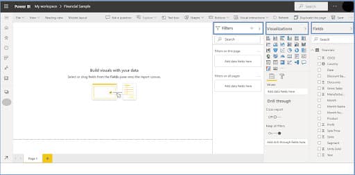 Captura de tela da ferramenta mostrando como usar o Power BI online com opções de filtros, visualizações e outras configurações.