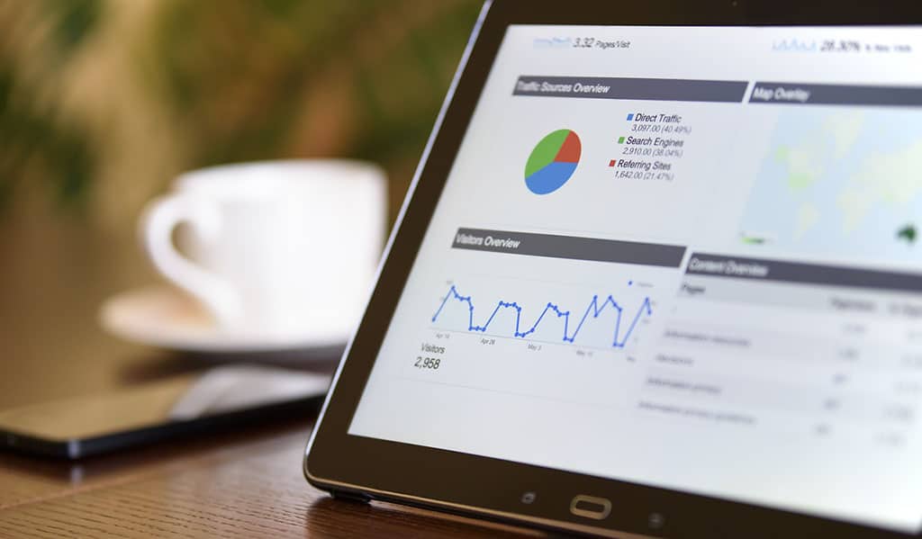 Tablet exibindo um dashboard de Business Intelligence no Looker Studio, apresentando gráficos e métricas para análise de dados e monitoramento de desempenho.