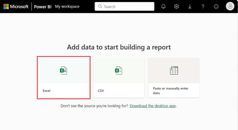 Tela inicial mostrando opções de importação de dados, ilustrando como trabalhar com Power BI a partir de arquivos Excel e CSV.