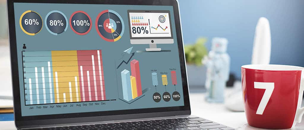 Tela de laptop exibindo gráficos e dashboards interativos, representando o uso de business intelligence platforms para análise de dados.