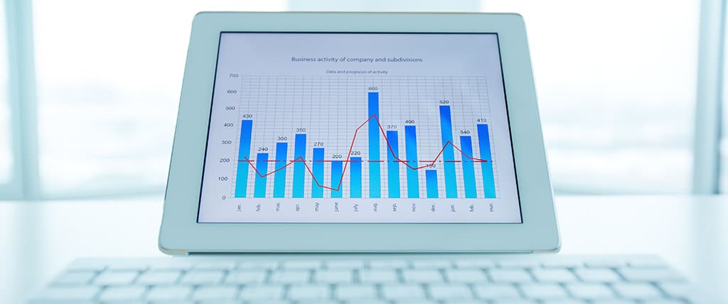 Gráfico de barras e linha exibindo indicadores Power BI em um tablet sobre um teclado, representando análise de dados e desempenho empresarial.