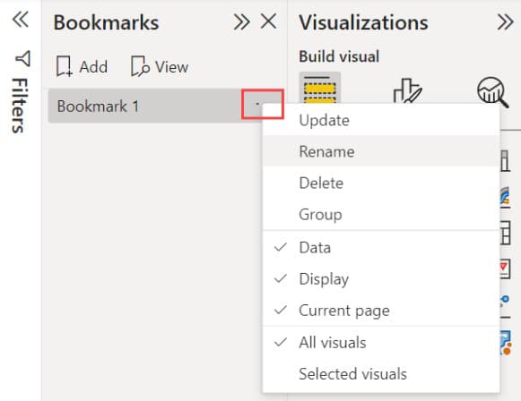 Interface do Power BI mostrando a opção de gerenciar bookmarks para criar indicadores Power BI, incluindo opções de atualização, renomeação e agrupamento.