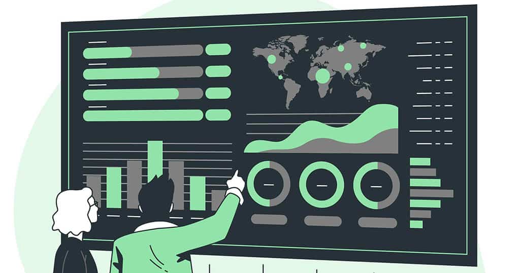 Ilustração de duas pessoas analisando um painel de dados, representando a comparação do Google Data Studio vs Power BI para visualização e inteligência de negócios.