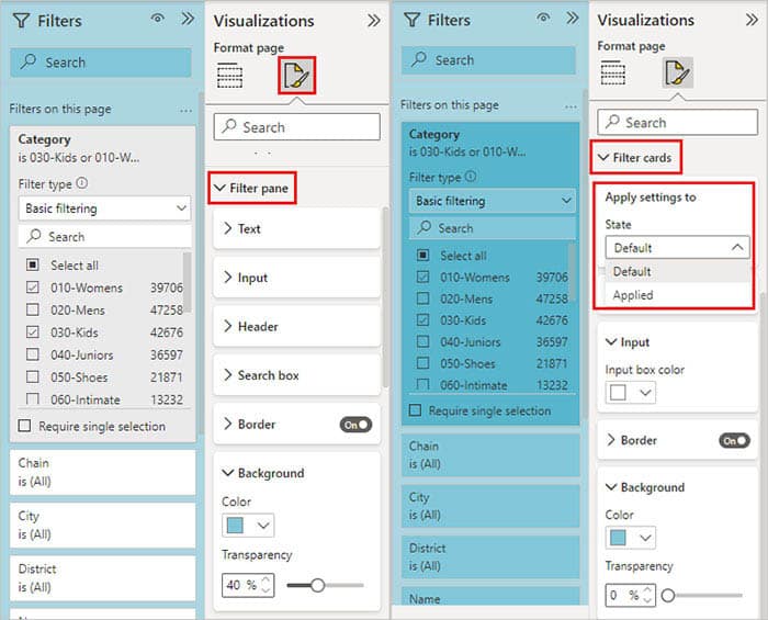Configuração do menu de filtros Power BI com opções de personalização do painel de filtros.