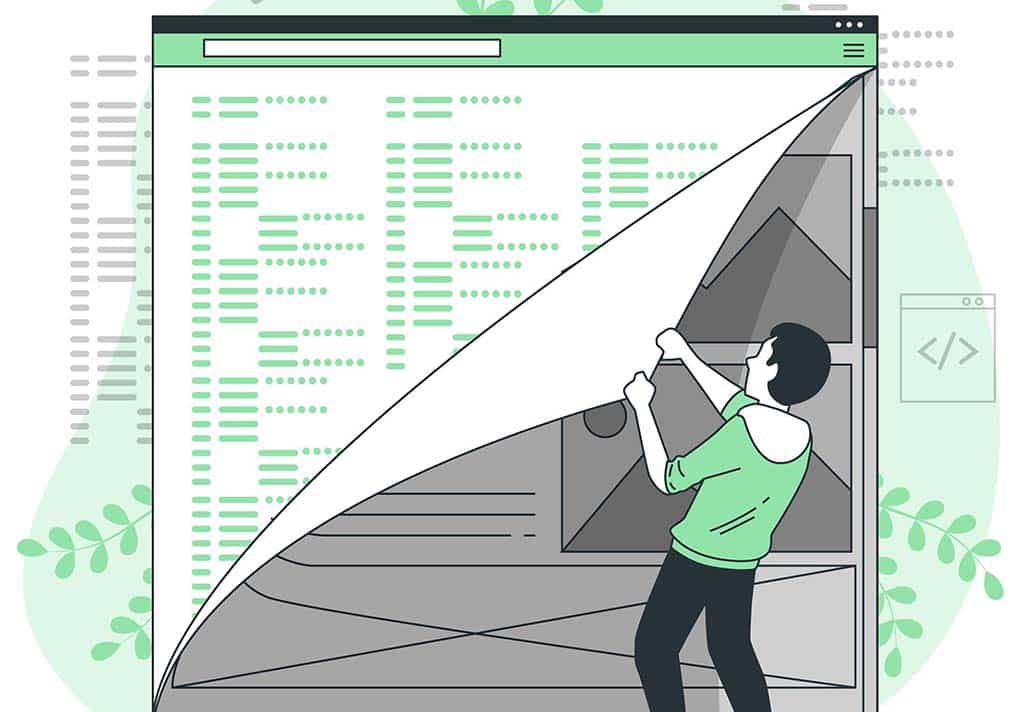 Ilustração de um homem jovem revelando o código-fonte por trás de uma interface, simbolizando o que é arquitetura de software e sua construção.
