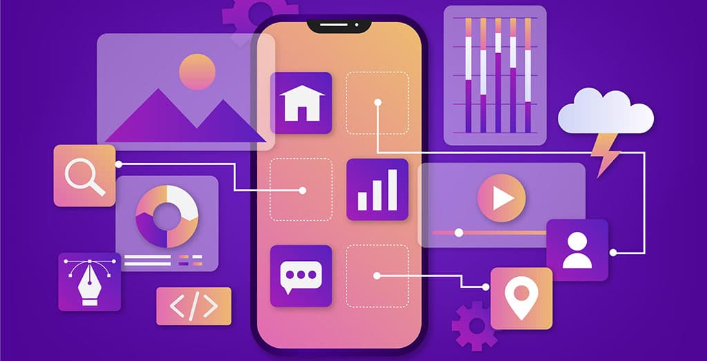 Ilustração com fundo roxo de um smartphone conectado a diversos ícones representando funcionalidades de um sistema operacional, como mídia, localização e análise de dados.