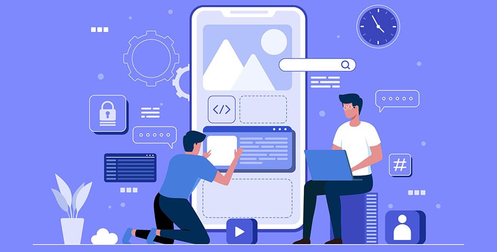 Ilustração de dois desenvolvedores de aplicativos criando e ajustando a interface de um aplicativo em um smartphone, com elementos de código e design ao redor.