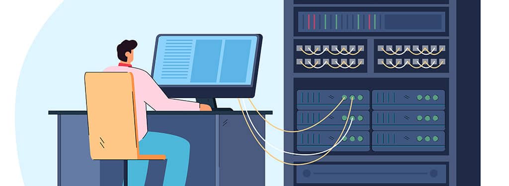 Engenheiro de TI configurando servidor para demonstrar como ativar a virtualização do PC e evitar problemas no processo.