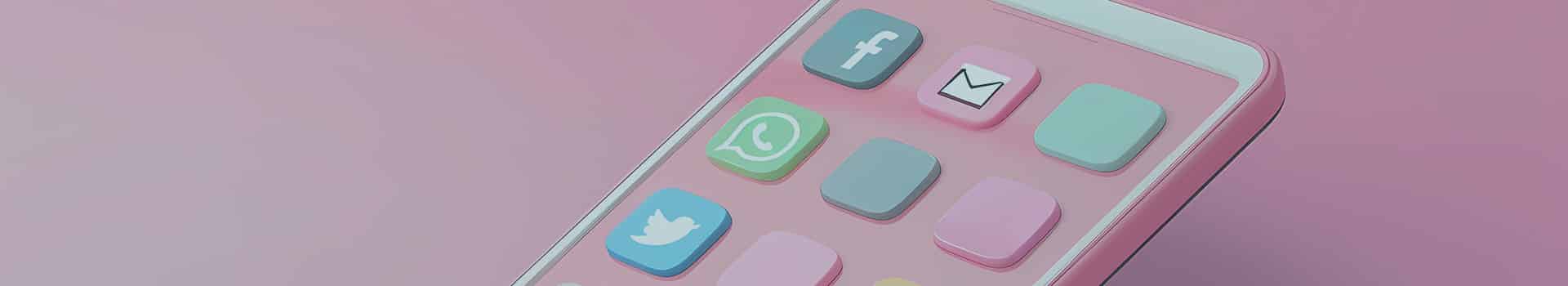 Smartphone estilizado com ícones de app coloridos em fundo rosa, representando a diversidade de aplicação mobile no dia a dia.