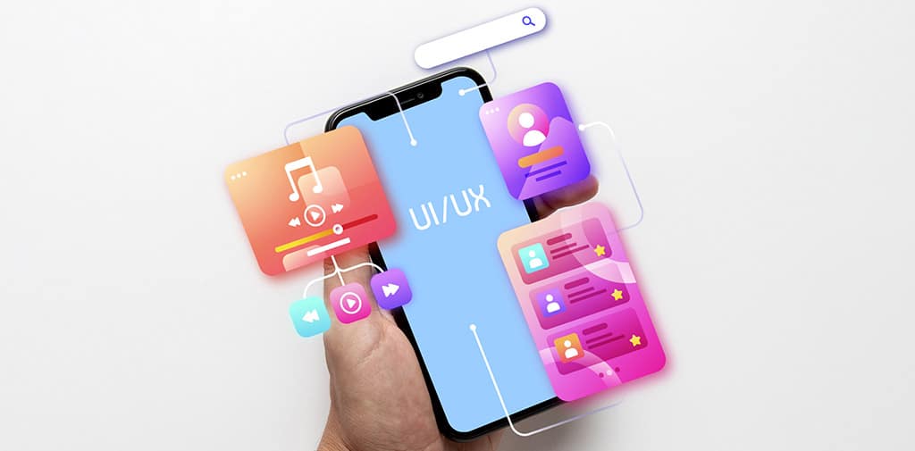 Mão segurando um smartphone com ícones digitais flutuantes, representando a versatilidade de um aplicativo Android no ecossistema digital.