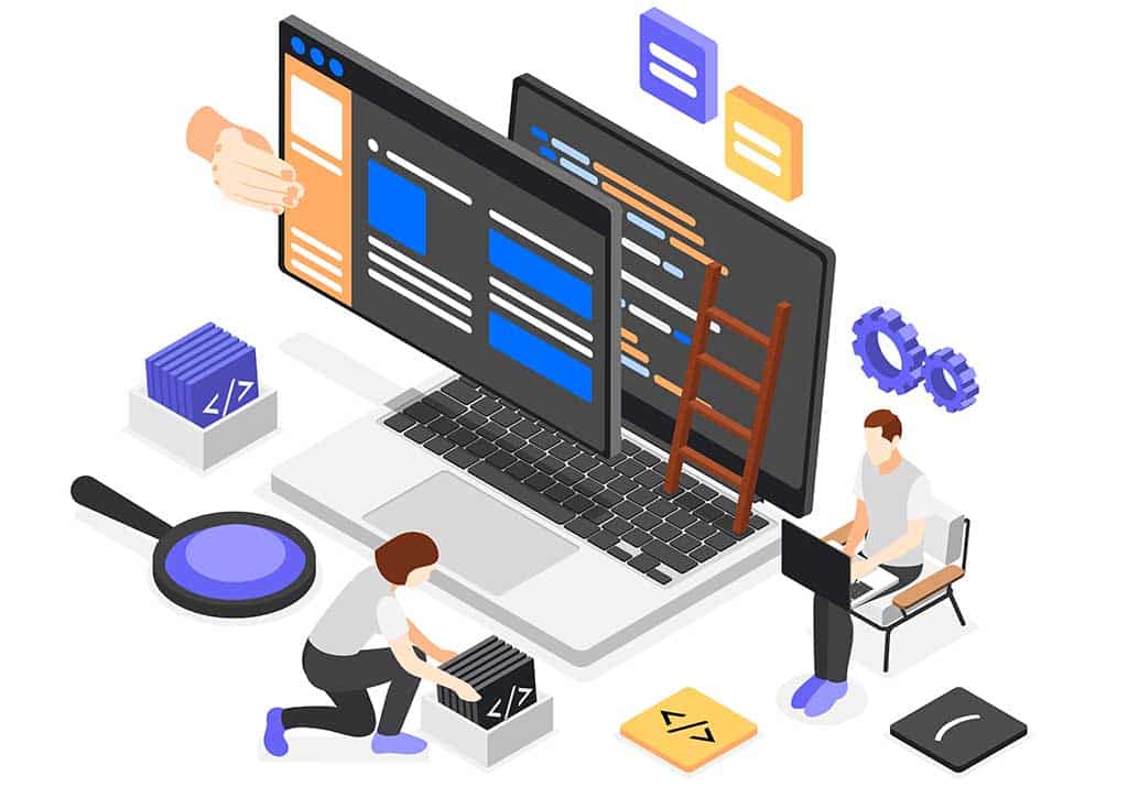 Ilustração isométrica de desenvolvedores construindo interfaces e código, representando como fazer uma arquitetura de software baseada em camadas eficiente para organização modular.