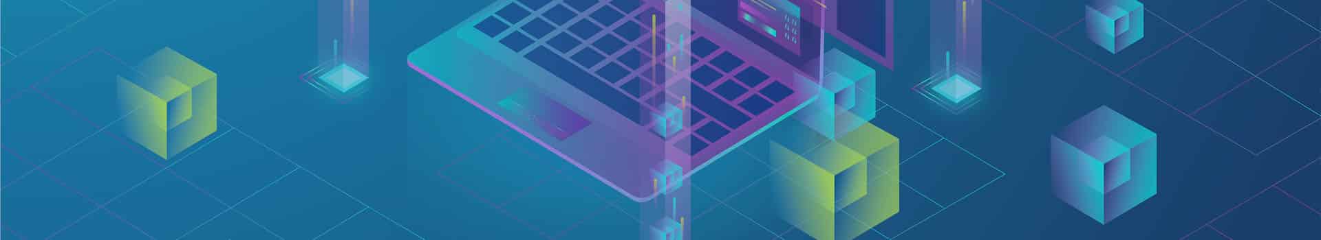 Ilustração futurista com um laptop digital, elementos 3D, conexões estruturadas e fundo azul, representando arquitetura de camadas.