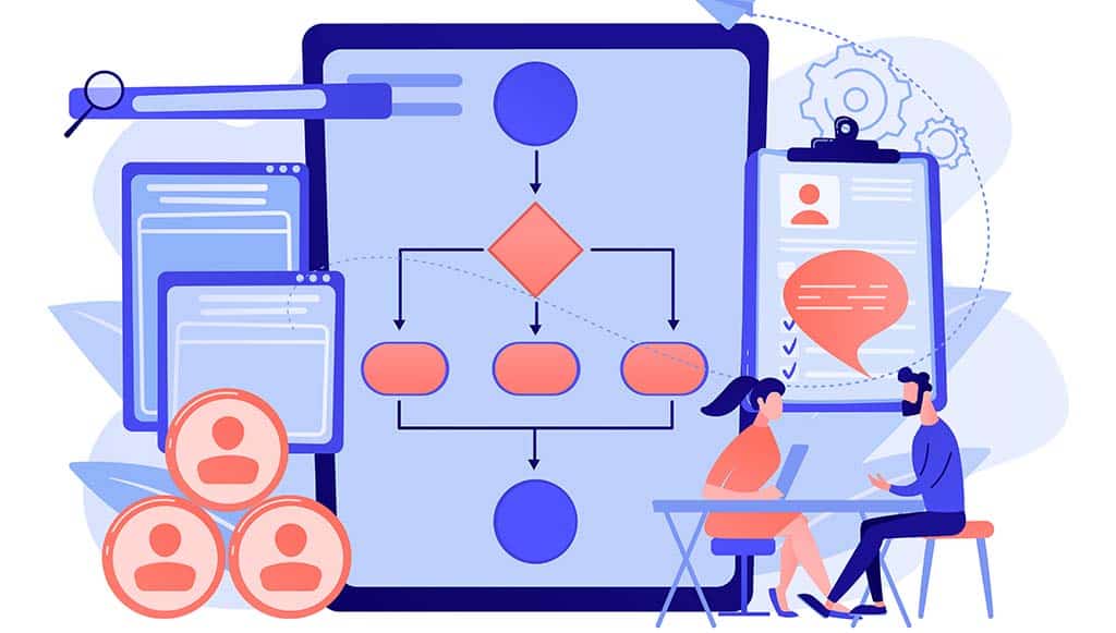 Ilustração mostrando um homem e uma mulher conversando ao lado de um fluxograma com diversos elementos, representando uma estrutura dos tipos de arquitetura de software.