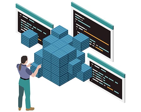 Ilustração isométrica representando um homem de cabelo longo construindo um modelo de arquitetura de software eficiente com blocos de dados e códigos em telas.