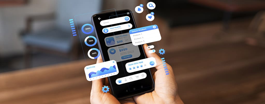 Mãos segurando um smartphone com elementos digitais flutuantes, representando a programação de app e o design de interface interativa.