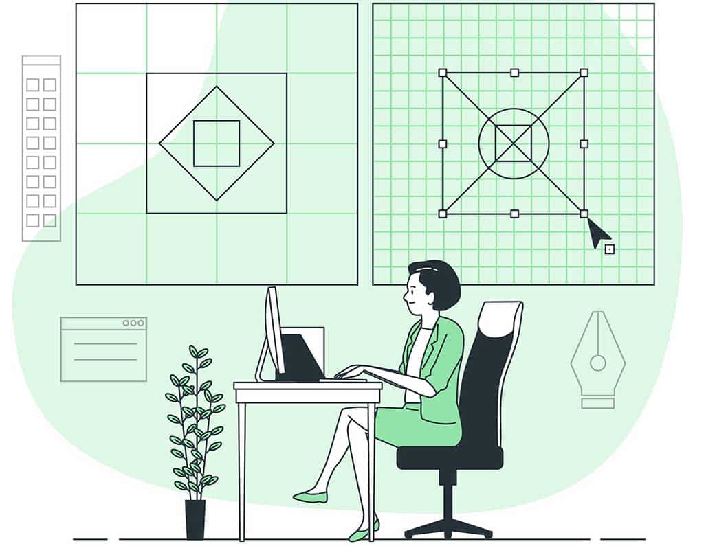 Ilustração de uma profissional em um computador, ao lado de uma planta, focada em criar um desenho de arquitetura de software, com diagramas técnicos exibidos na tela.